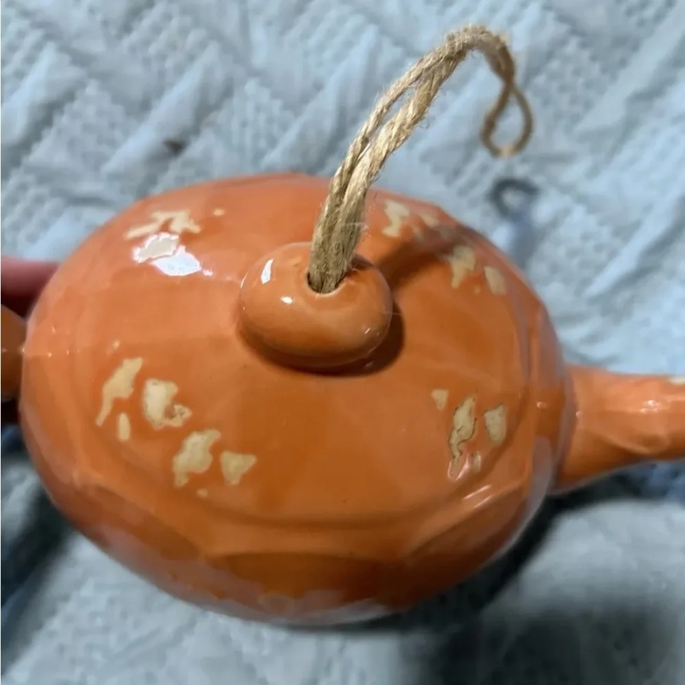 Vintage Orange Rustic Ceramic Teapot Birdhouse 9”